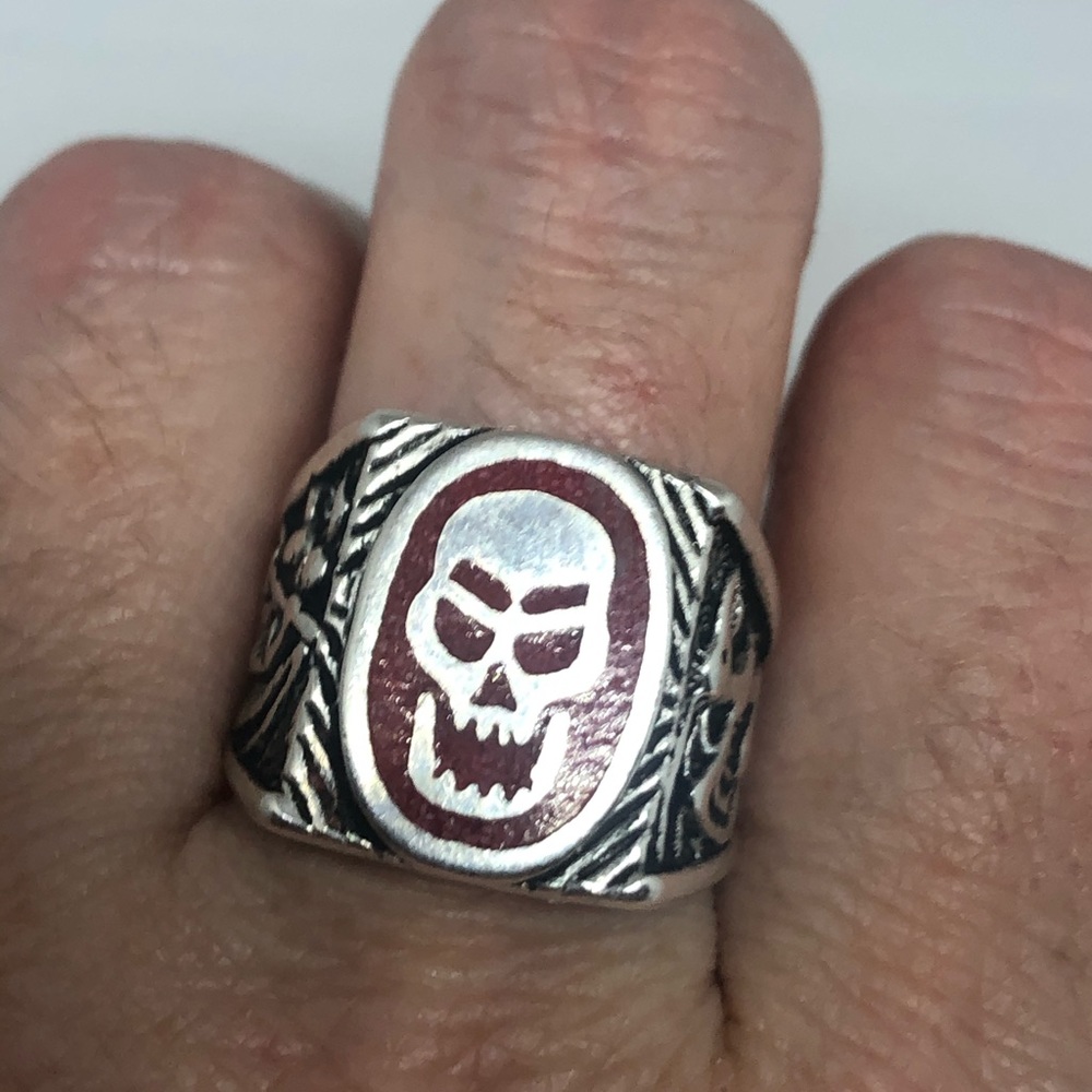 Vintage Skull Ring Inlay Red Coral Southwestern